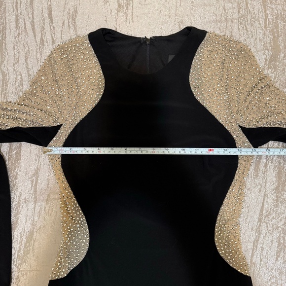 XSCAPE Dress Sz 6 Silver Beaded Black Stretch Mini Illusion Slimming Long Sleeve - Picture 7 of 15